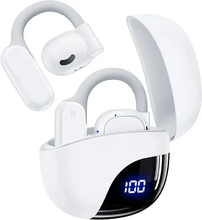 Слушалки с отворени уши, безжични Bluetooth 5.3 с калъф за зареждане с дигитален дисплей, IPX7, бели