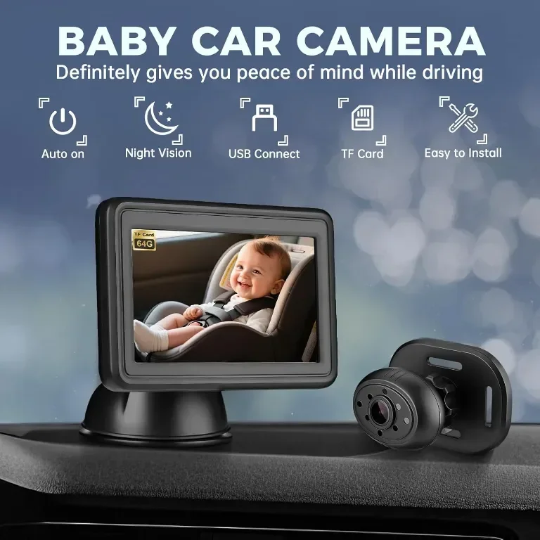 Бебешка автомобилна камера GEARCELL HD 1080P, 64GB карта памет, 4.3" дисплей — снимка 2