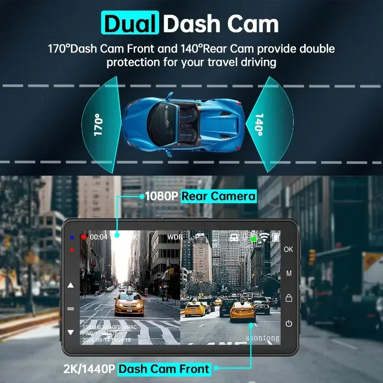 Dash Cam отпред и отзад, 2K, WiFi/БЕЗПЛАТНО ПРИЛОЖЕНИЕ, отпред 170°+140° отзад — снимка 4