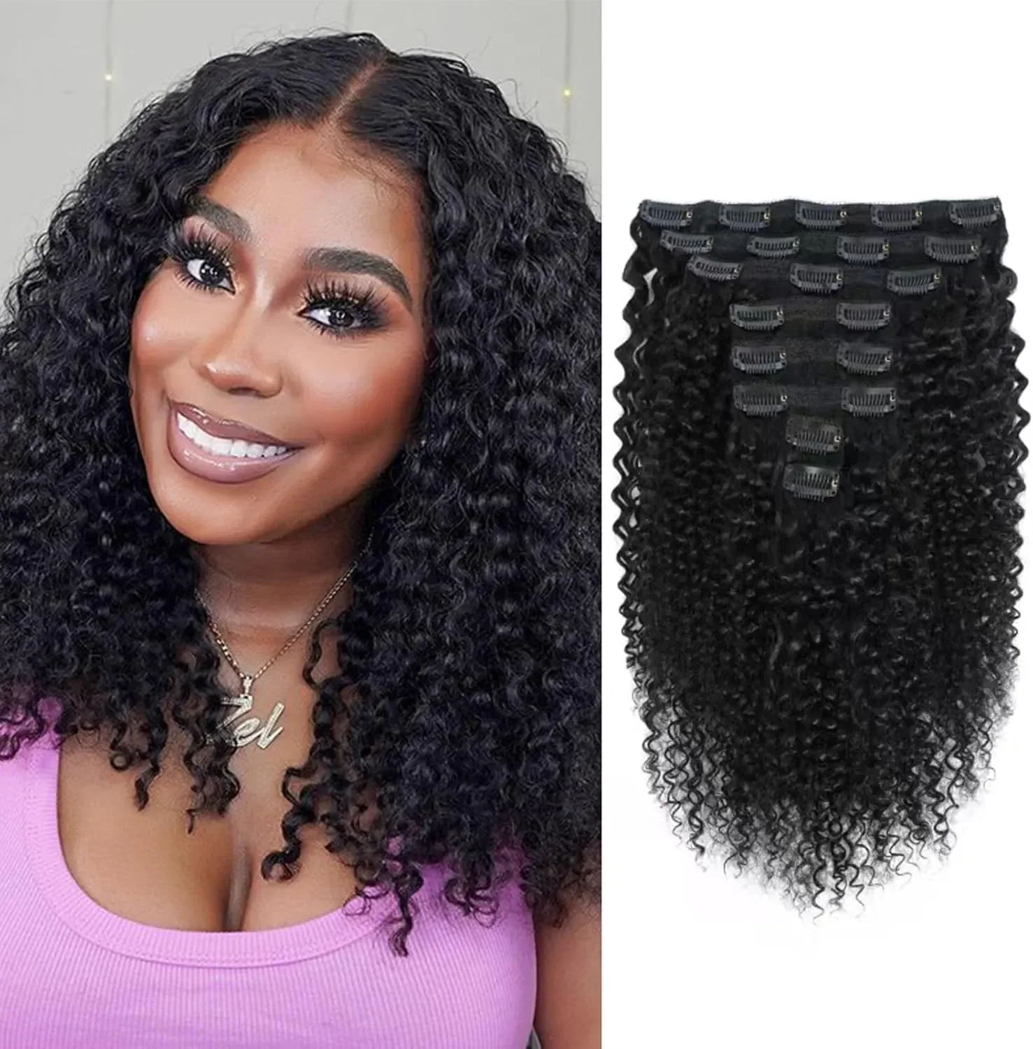 Къдрави екстеншъни от естествена коса Remy 50,8 см, 8 части с 20 клипса, черни