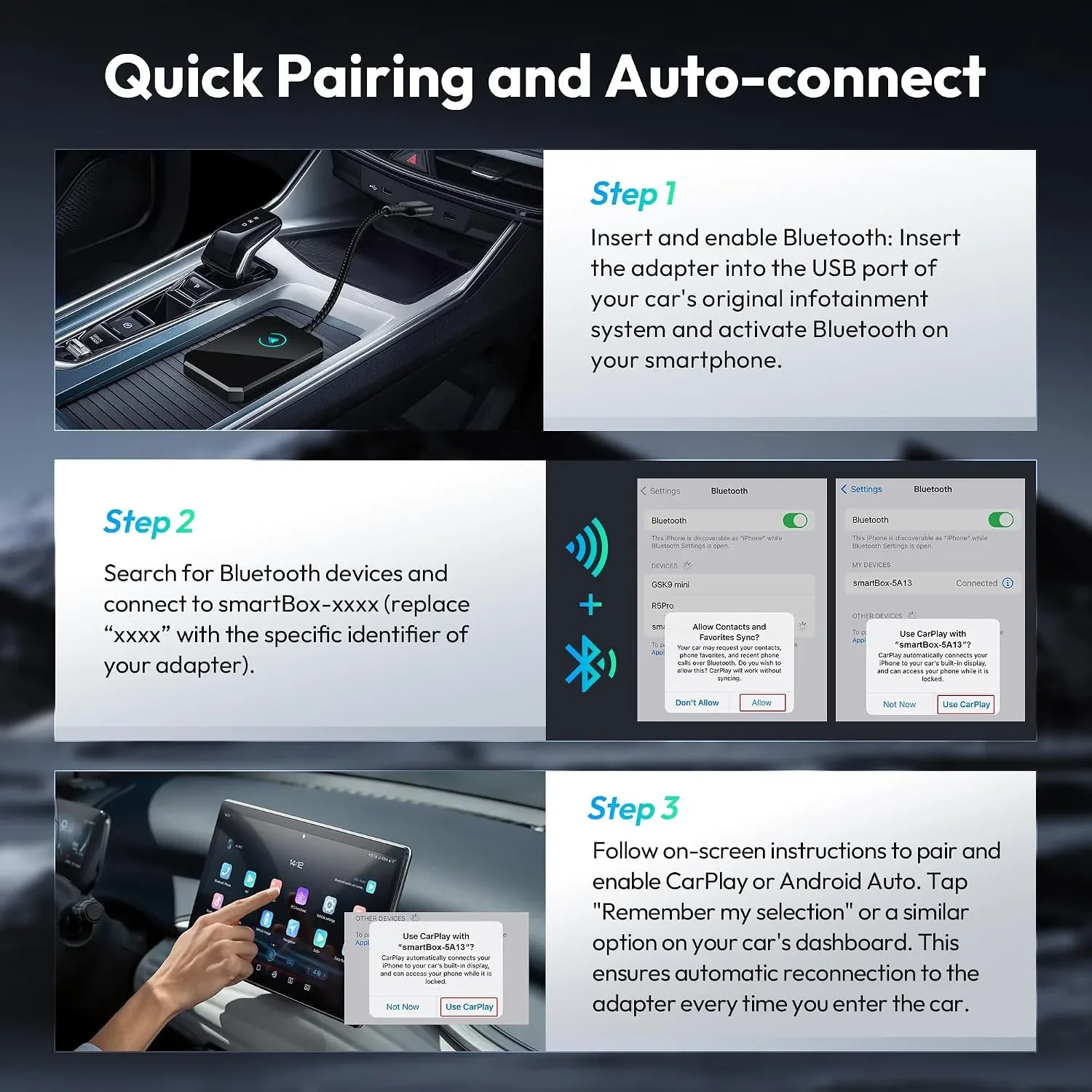 Безжичен CarPlay и Android Auto адаптер 2-в-1 (Wi‑Fi/Bluetooth), за автомобили с кабелен CarPlay/Android Auto от 2015 г. — снимка 4