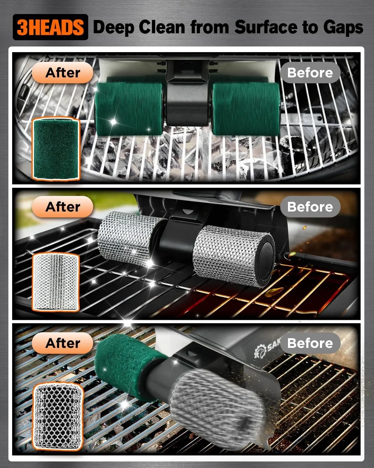 SAKER Electric Grill Brush HK05E-B – безжична почистваща четка за скара с LED фенер и 3 глави — снимка 6