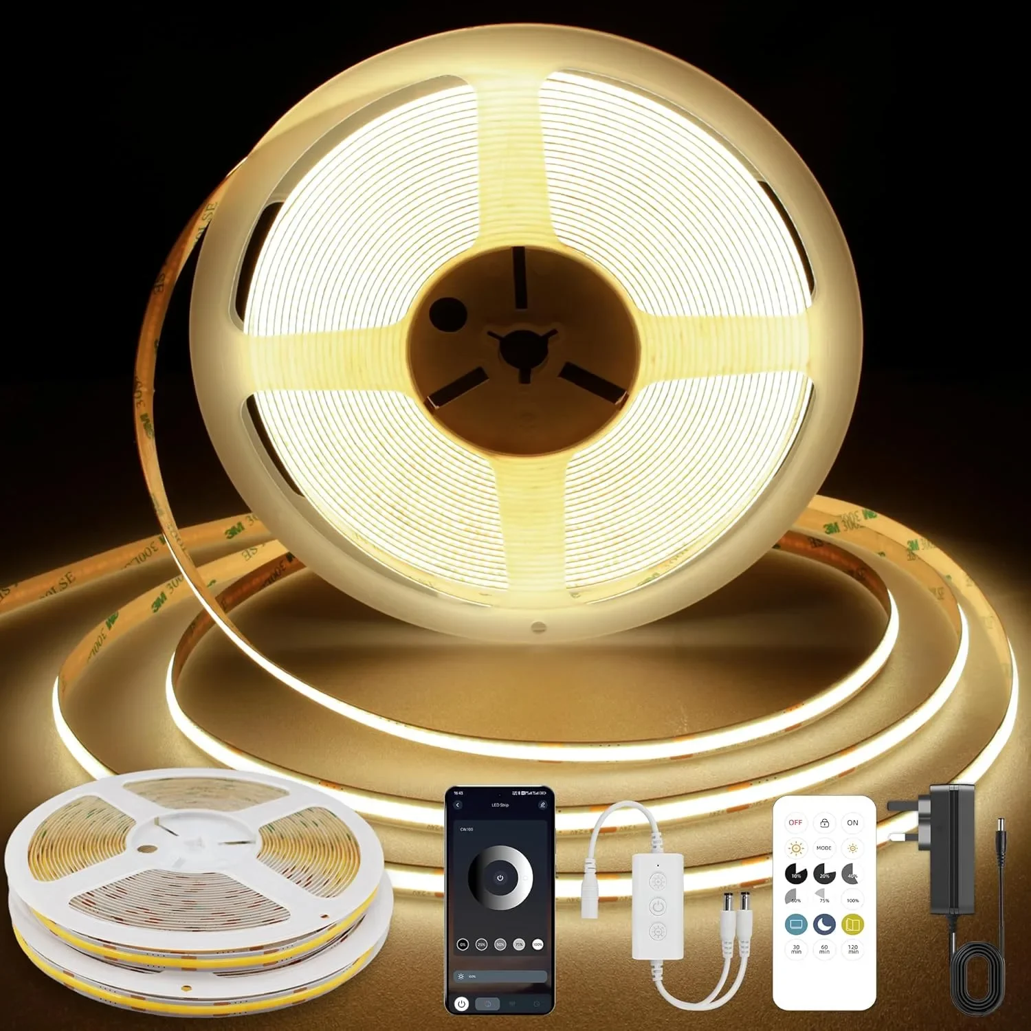 TTWAY COB LED лента 10 м (5 м x 2), 3000K, 24V, CRI92+, дистанционно и APP управление – 8 мм