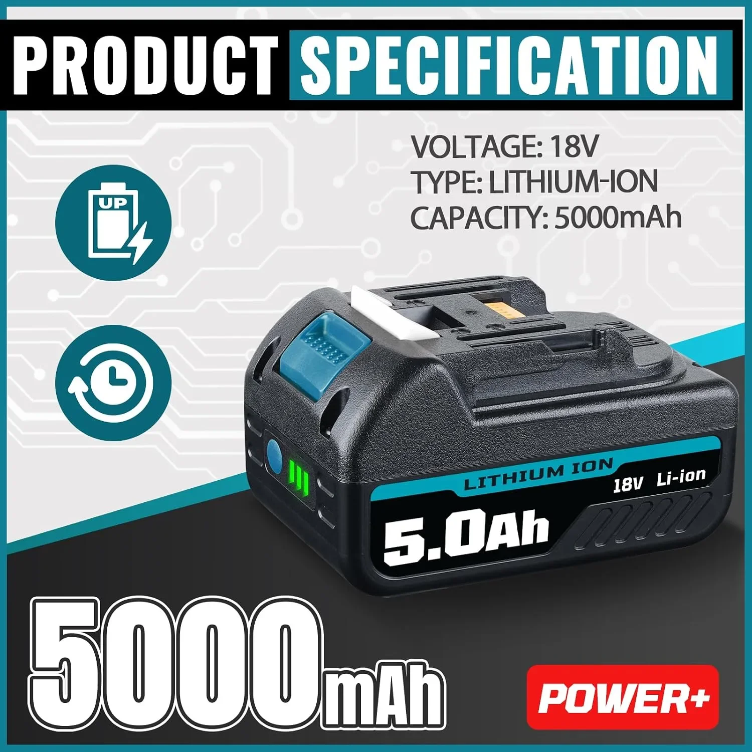 Комплект Power+ 18V литиево-йонна батерия 5.0Ah и зарядно устройство DC18RC (съвместимо с Makita) — снимка 2