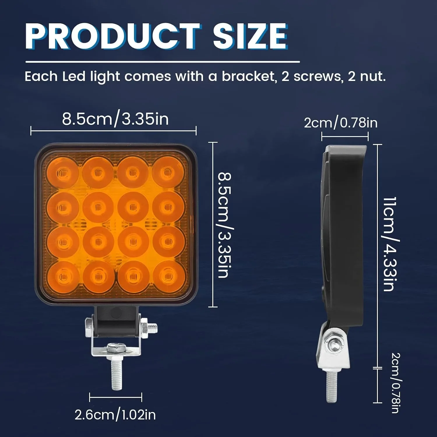 4 броя LED прожектори за автомобил 12V, квадратни фарове 8.5 см, 16 LED, IP67, регулиране до 180° — снимка 2