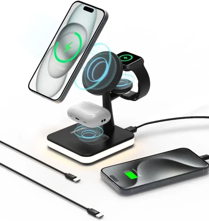 GLILAVOX 4 в 1 безжична зарядна станция със светлина и 1 порт usb за Apple (черен)