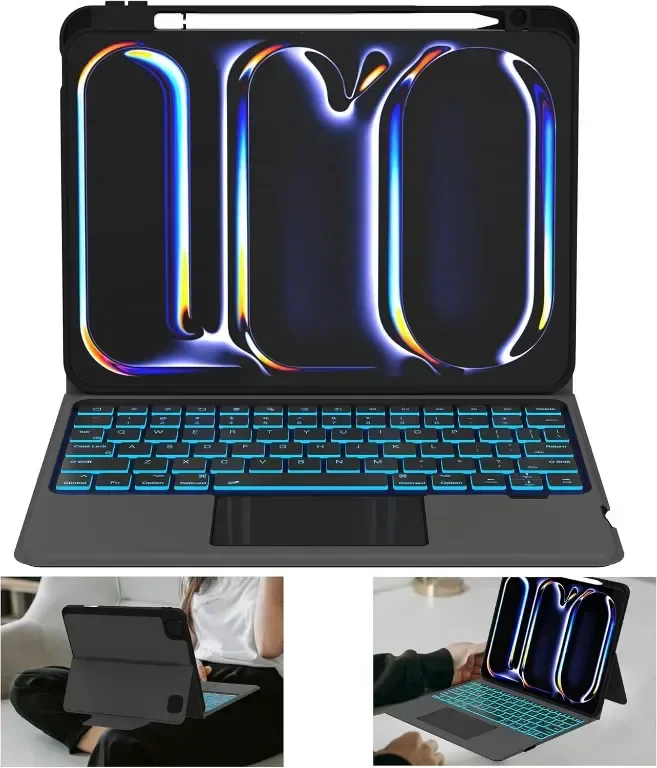 ROOFEI Калъф с клавиатура за iPad Pro 11-инчов (M4, 2024, A2836,A2837,A3006), 7 цветна подсветка — снимка 6