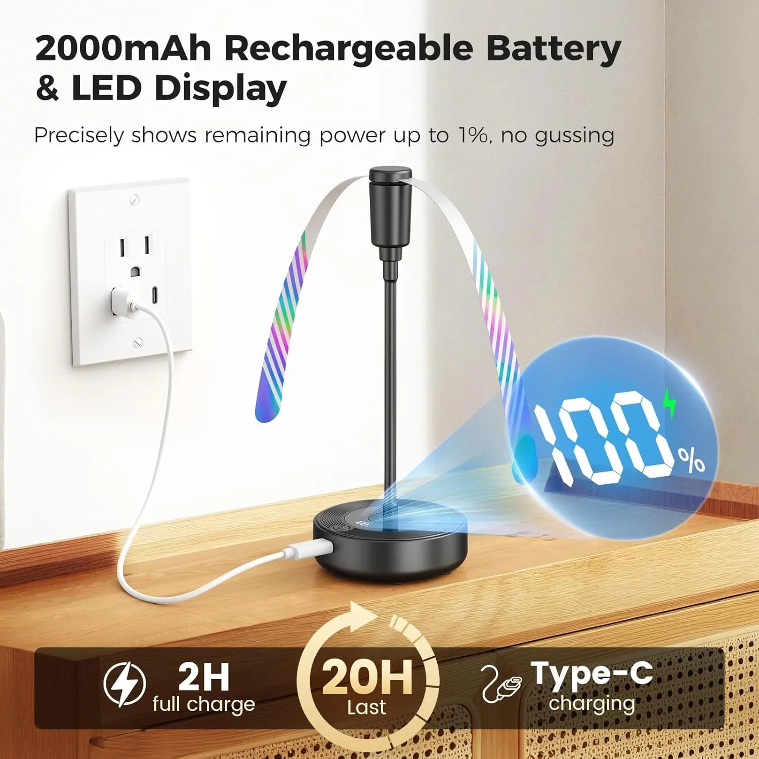 Акумулаторни безшумни антикомарни вентилатори за маса TRIPOLE 4 броя, 2000mAh, LED дисплей — снимка 2