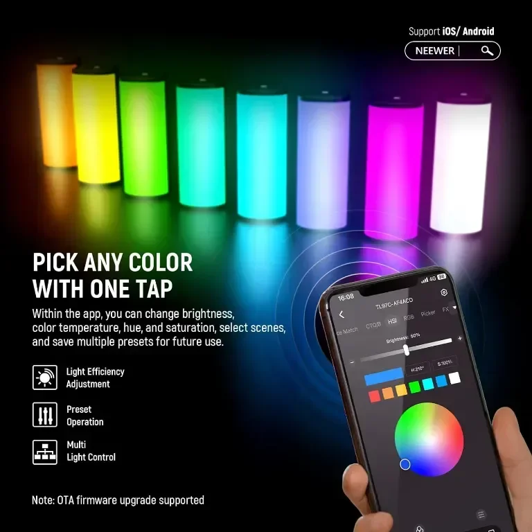 Магнитна ръчна светлинна пръчка NEEWER с управление от APP, 360° пълен RGB — снимка 5