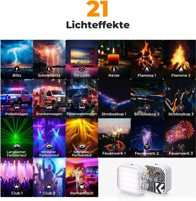 K&F Concept RGB Video Light, 360° пълноцветен преносим с 21 светлинни ефекта, 2500K-9900K CRI 96+ — снимка 5