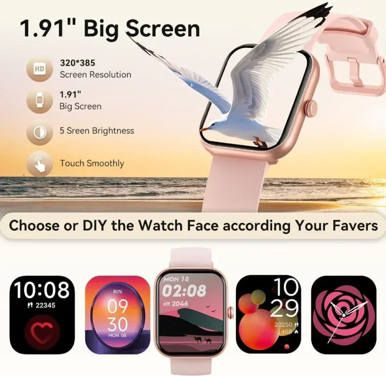 Fitpolo Смарт часовник за жени 1,91" фитнес тракер Bluetooth Call & Alexa Built-in & AI Voice, розов