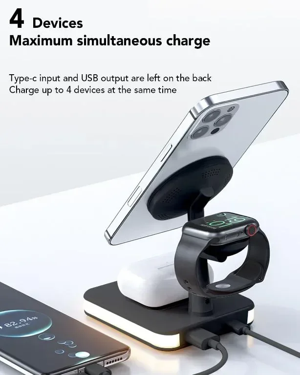 GLILAVOX 4 в 1 безжична зарядна станция със светлина и 1 порт usb за Apple (черен) — снимка 3
