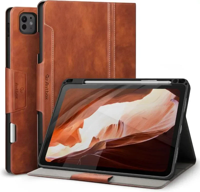 Antbox Калъф за iPad Pro 11 инча (M4) 2024 с вграден държач за молив, от PU кожа, кафяв