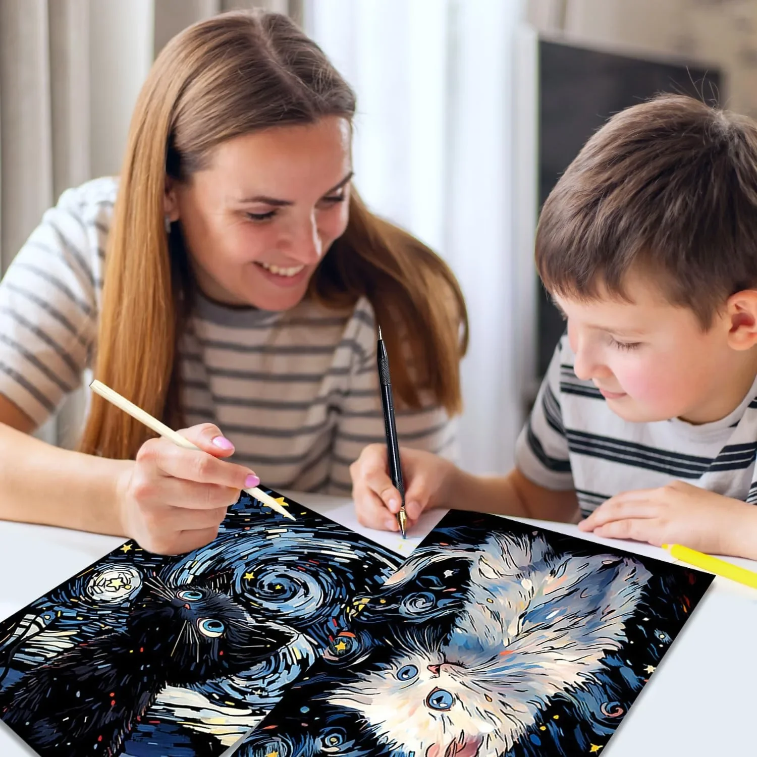 Скреч арт комплект за възрастни и деца „котки“ (A3) с клечки за скречиране и четка — снимка 7