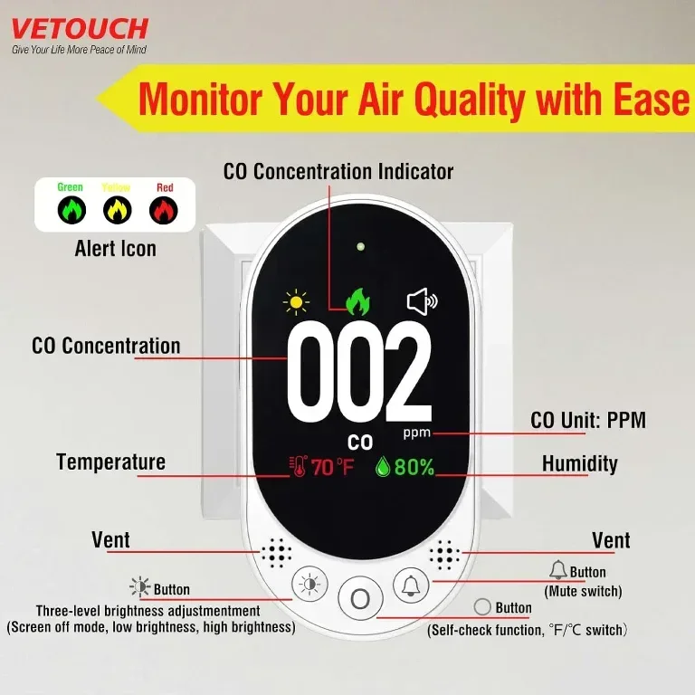 VETOUCH Детектор за въглероден оксид, температура, влажност, аларма, LCD дисплей — снимка 4