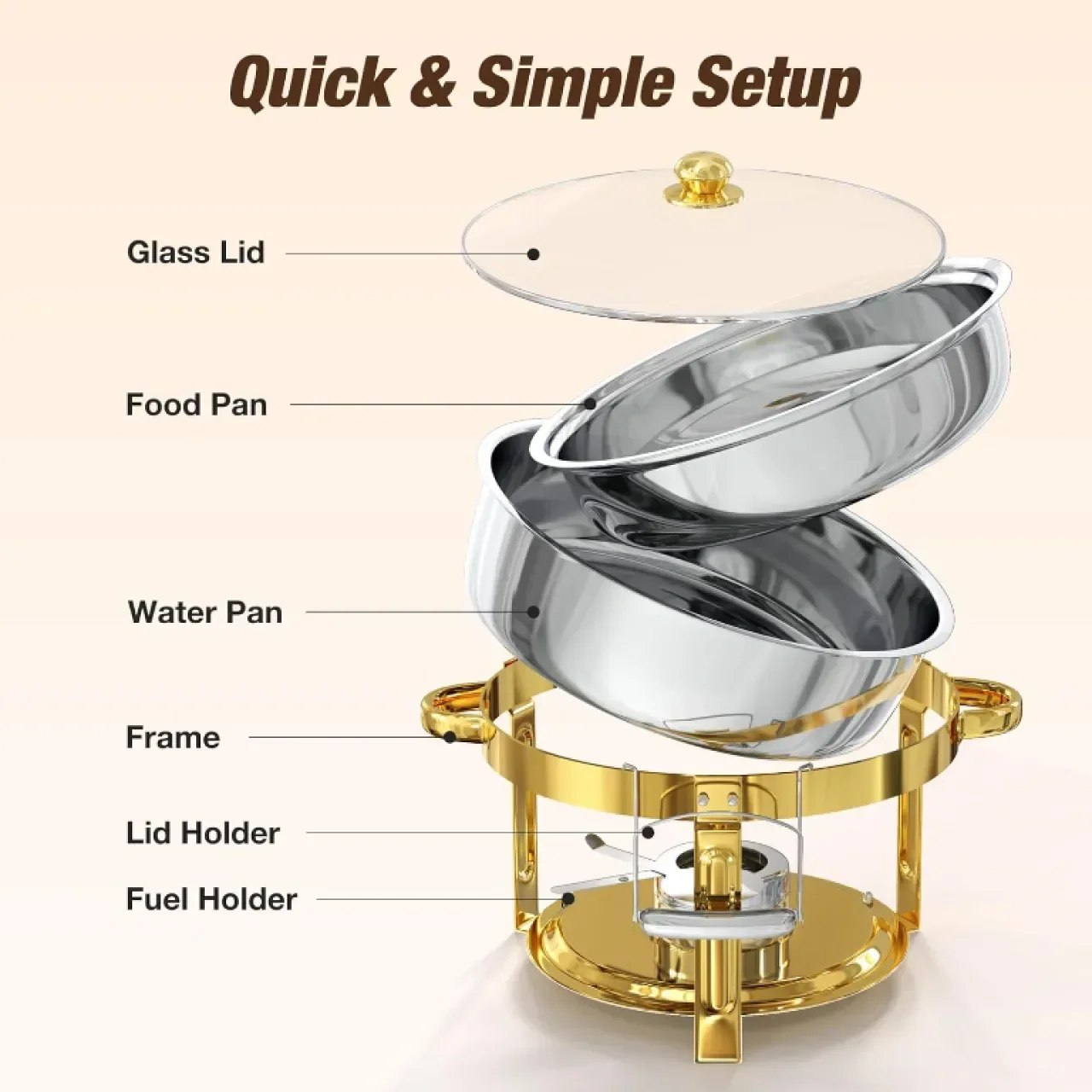Комплект за бюфет WARMOUNTS 6L Gold Chafing Dish, 2 броя, кръгли съдове за затопляне с капак — снимка 7