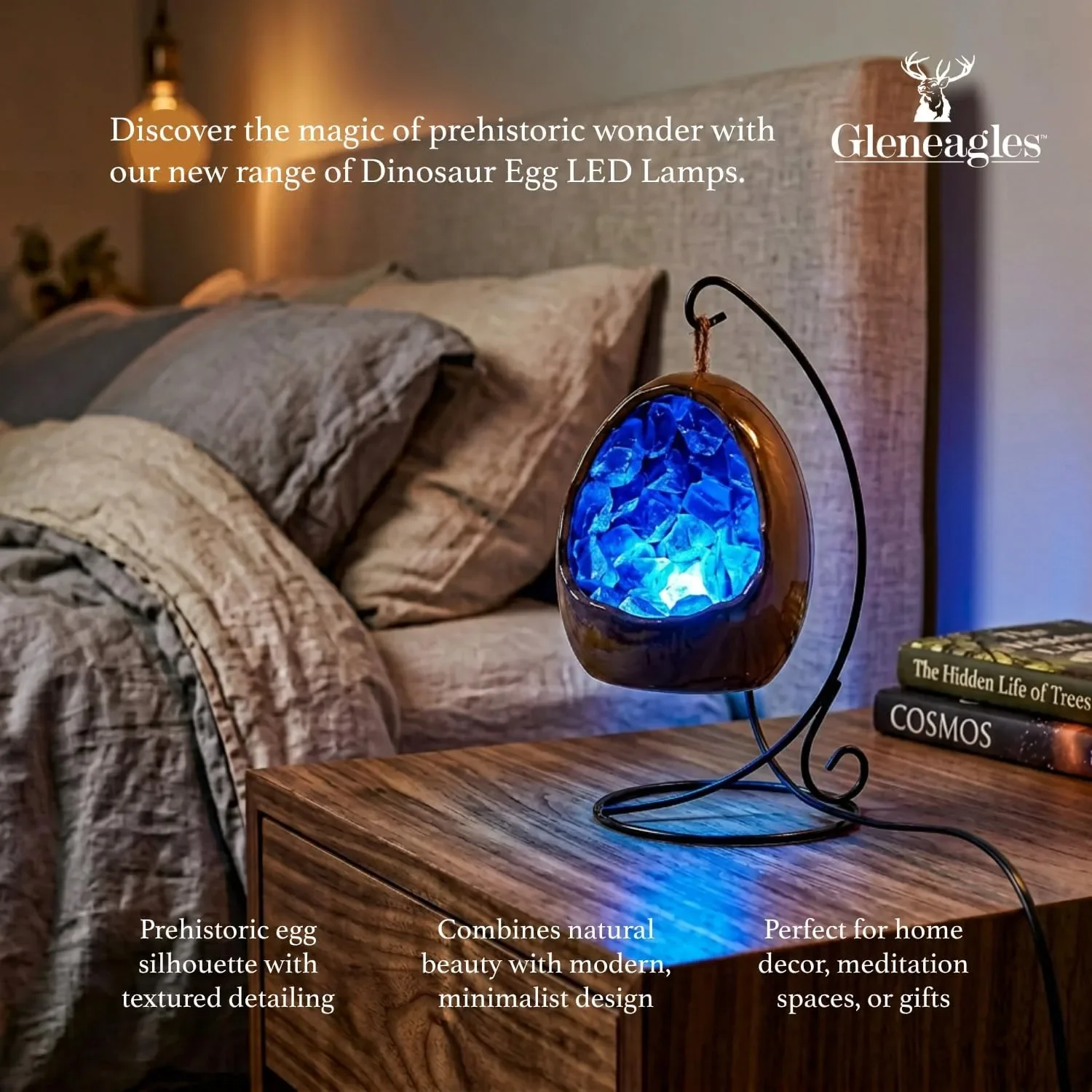 Gleneagles Кристална лампа от син флуорит, LED нощна лампа, декоративно осветление с USB — снимка 3