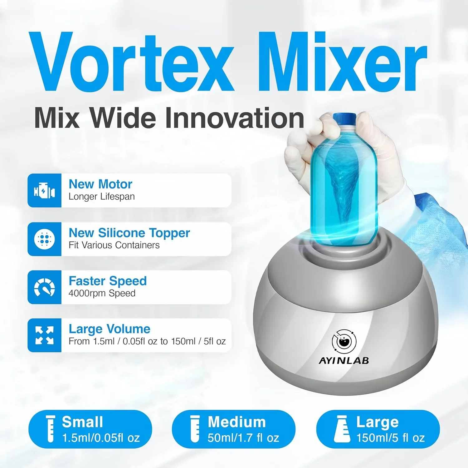 AYINLAB Vortex Mixer миксер за течности Mix Wide, безчетков мотор – до 150 мл — снимка 4