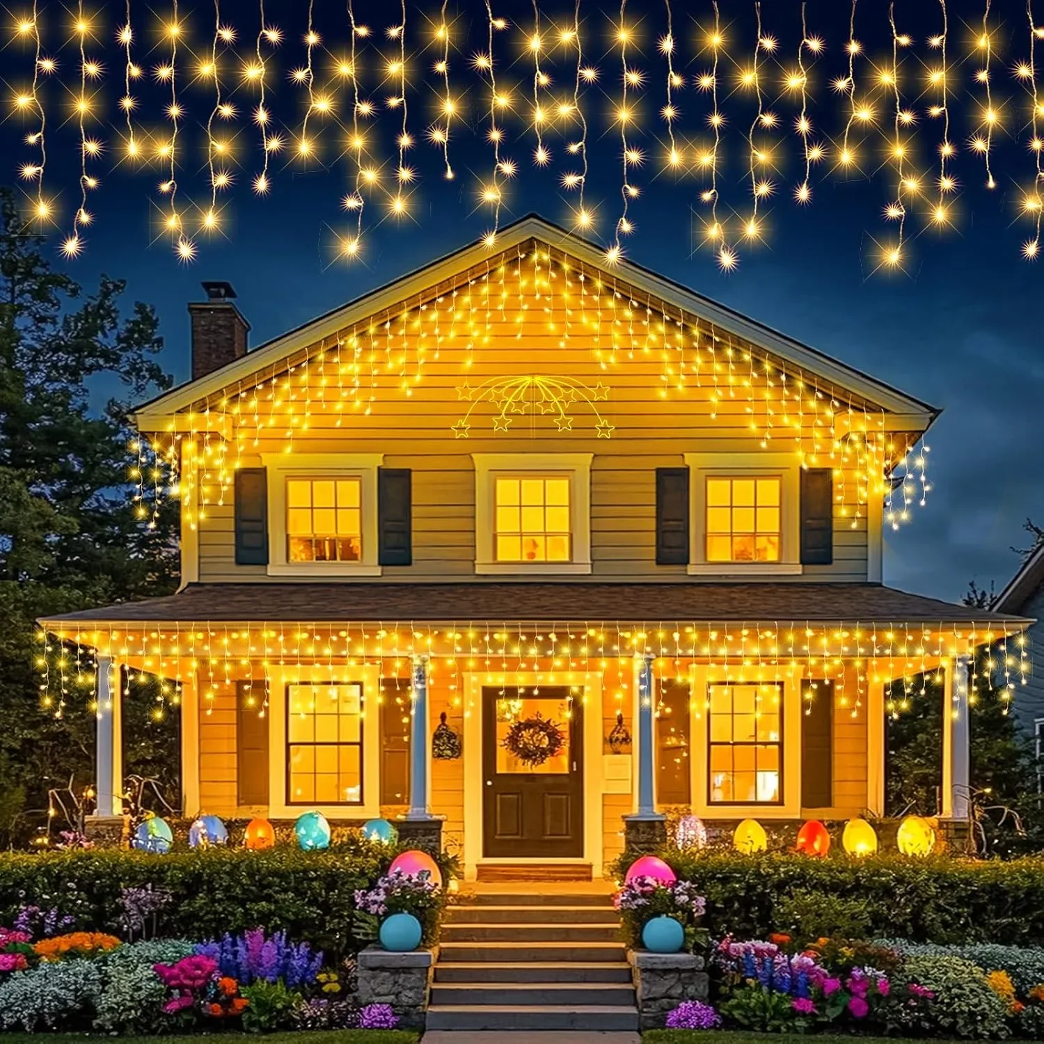 Коледни LED лампички „ледени висулки“ 10 м, 400 LED, 8 режима, топло бяло (за външен монтаж)