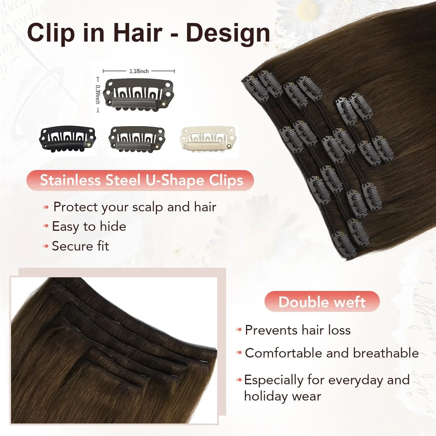 XDhair екстеншъни за коса тип „щипка“ от естествена човешка коса, 40 см, 6 броя (100 гр) — снимка 4