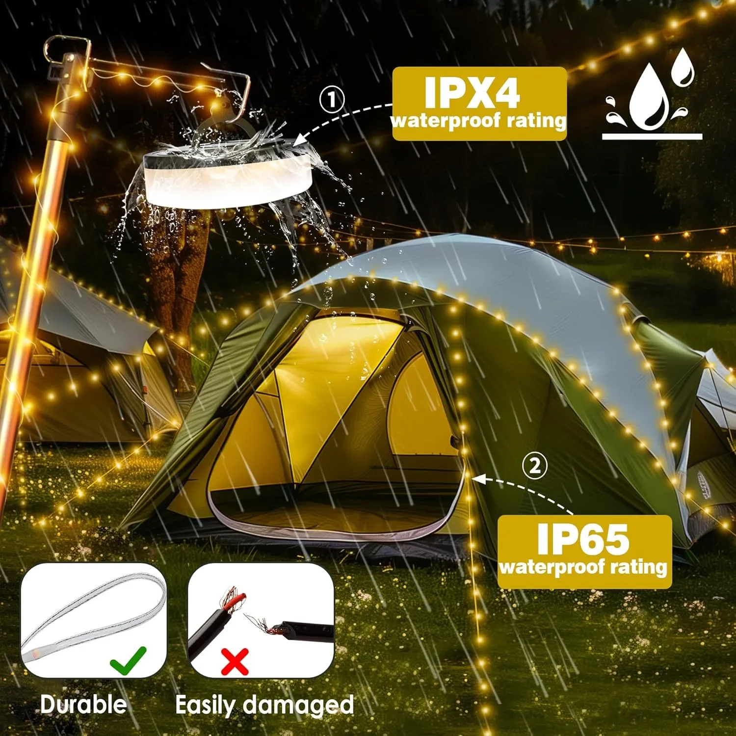 LED къмпинг гирлянд 10 м, 3 в 1: гирлянд/лагерна лампа/фенер, водоустойчиви, 8 режима, топло бяло — снимка 3