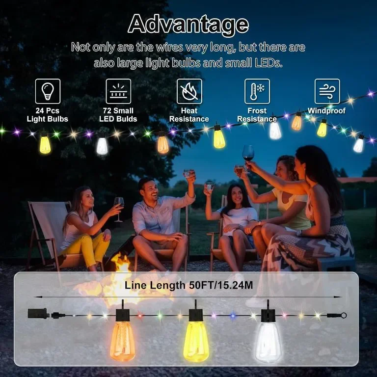 YAYZA! Външни струнни светлини 72 LED перли и 24 LED крушки, дистанционно, 15,24 м — снимка 6