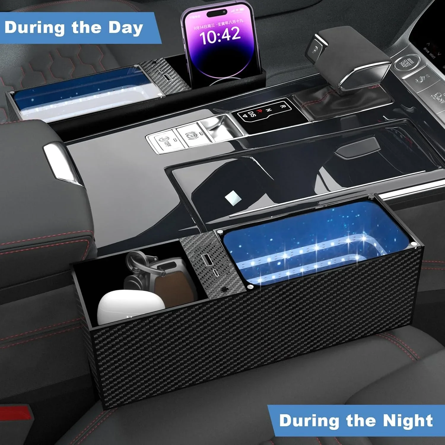 Комплект 2 органайзера за между седалките с LED осветление и USB-C — снимка 5