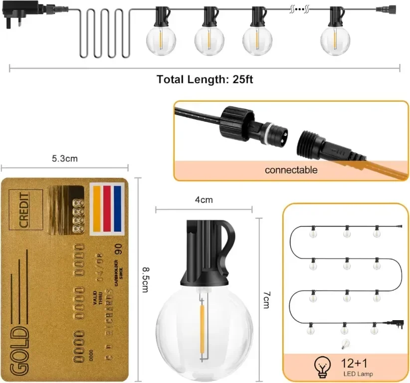 Rovnoes Външни струнни светлини 7,6 метра, 12+1 G40 LED крушки, IP 64 — снимка 4
