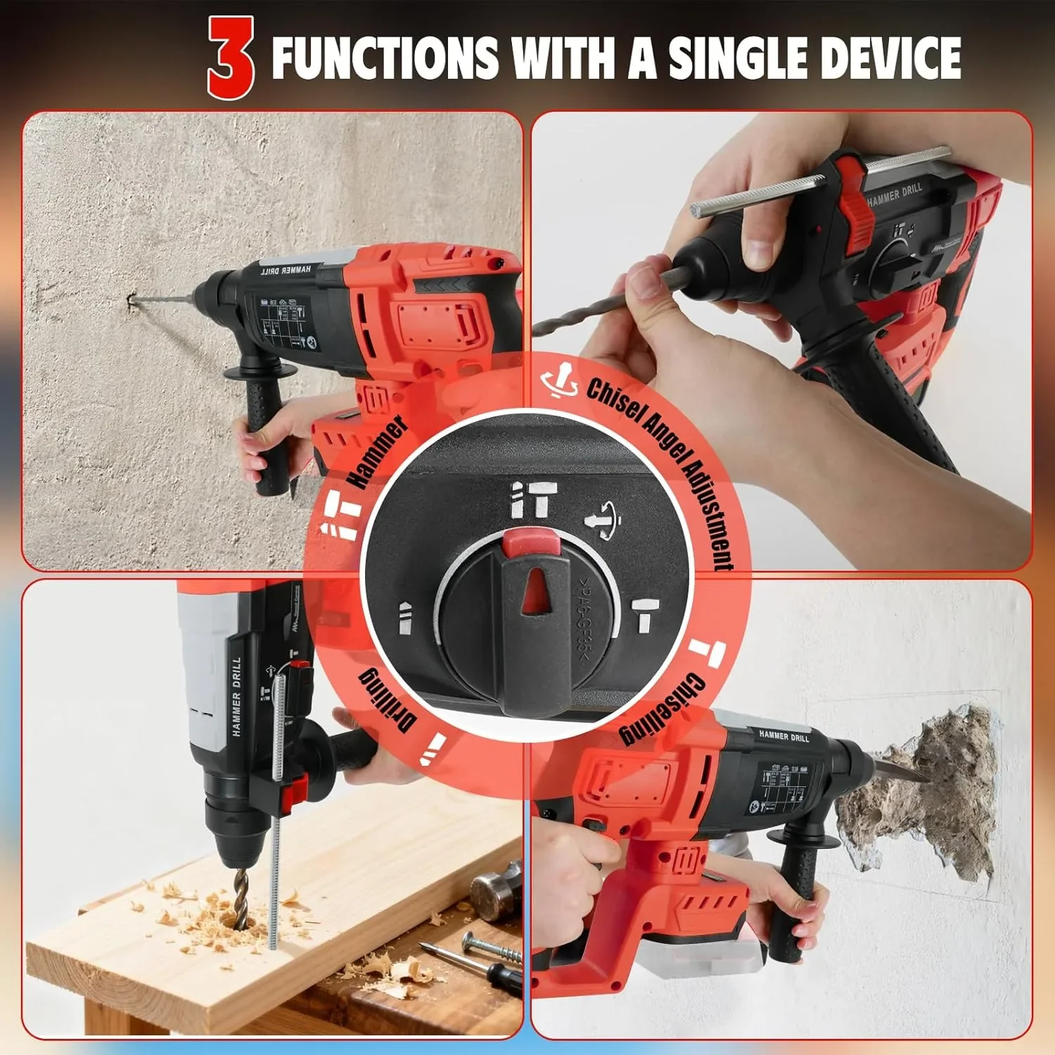 Акумулаторен перфоратор/къртач тип “hammer drill” с 3 свредла, SDS-Plus и помощна дръжка — снимка 5