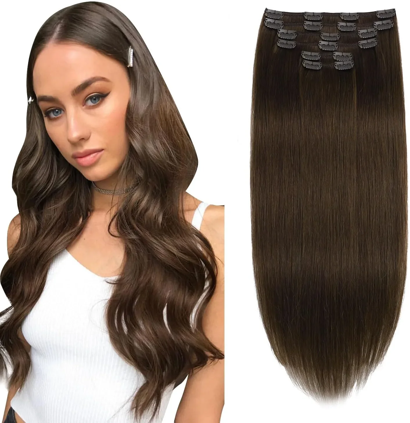 XDhair екстеншъни за коса тип „щипка“ от естествена човешка коса, 40 см, 6 броя (100 гр)