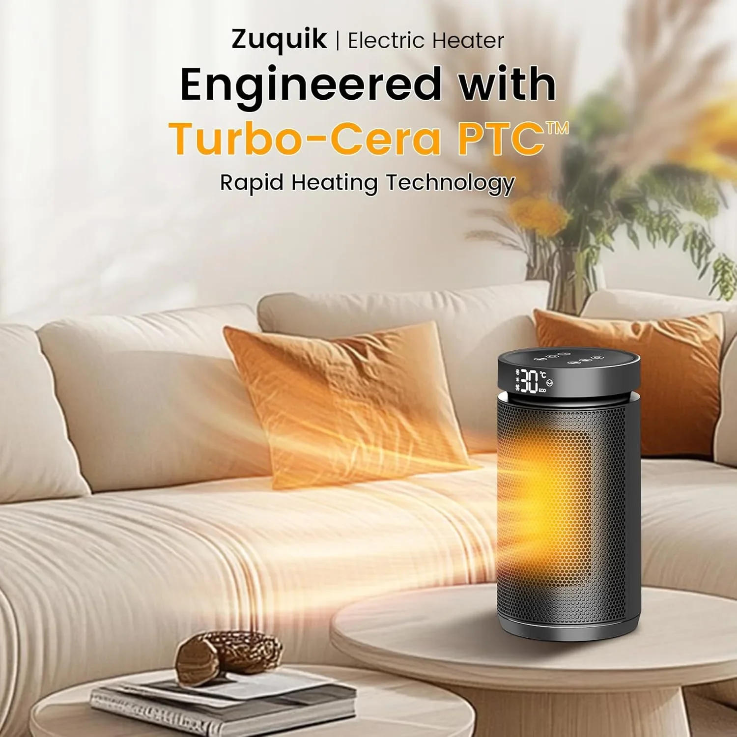 Електрически нагревател с вентилатор и термостат 1500W, Zuaquik, Turbo-Cera PTC, с дистанционно — снимка 2