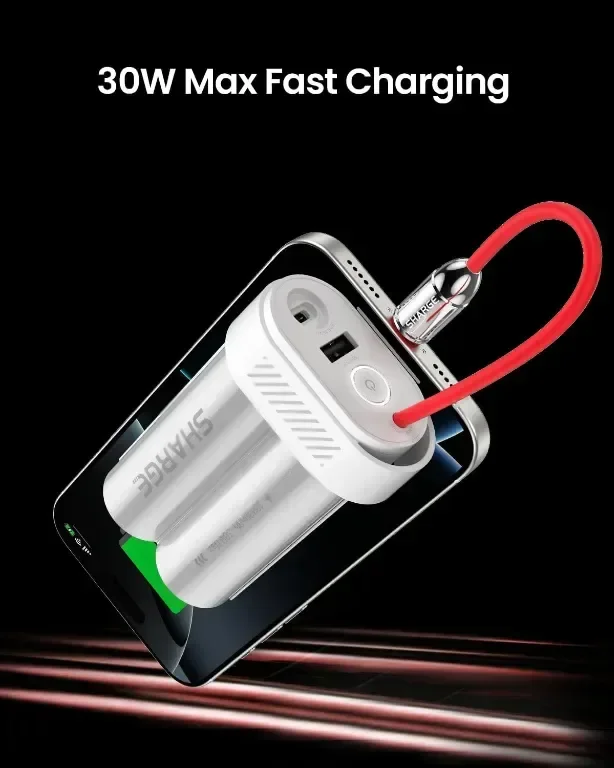 SHARGE Power Bank 10000mAh 30W Преносимо зарядно устройство с вграден кабел тип C, USB-C и USB-A