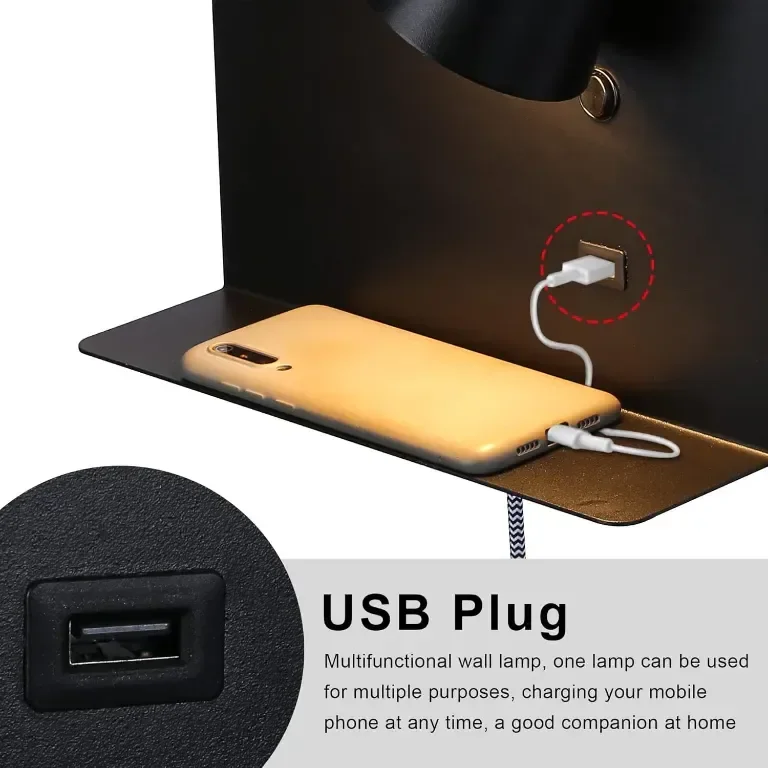 SUNLLOK Модерна LED стенна лампа с USB порт и рафт, черна — снимка 2
