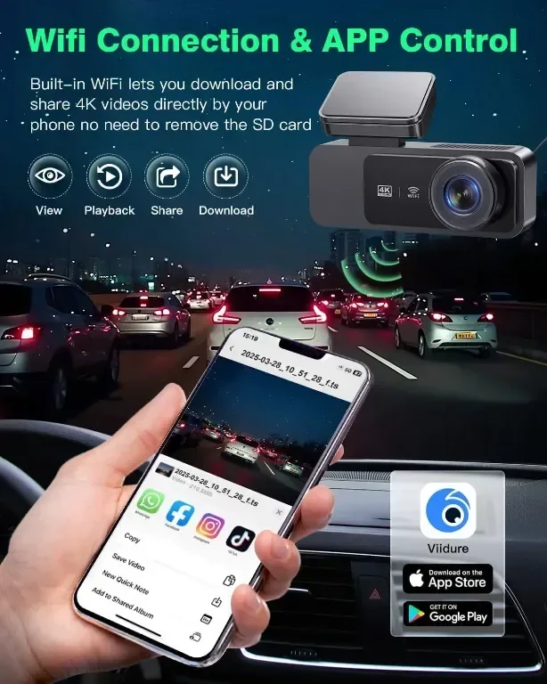 Автомобилна видеорегистраторна камера отпред и отзад 4K+1080P, UHD вграден WiFi с 64GB SD карта — снимка 4