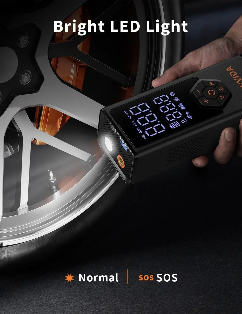 Преносим въздушен компресор за гуми HOVVIDA, 7800 mAh, 12V DC, до 150 PSI, 40 л/мин — снимка 4