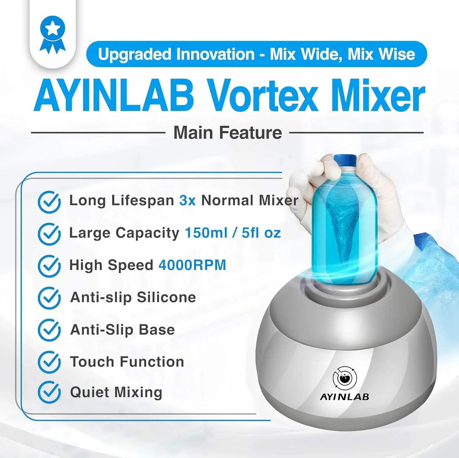 AYINLAB Vortex Mixer миксер за течности Mix Wide, безчетков мотор – до 150 мл — снимка 5