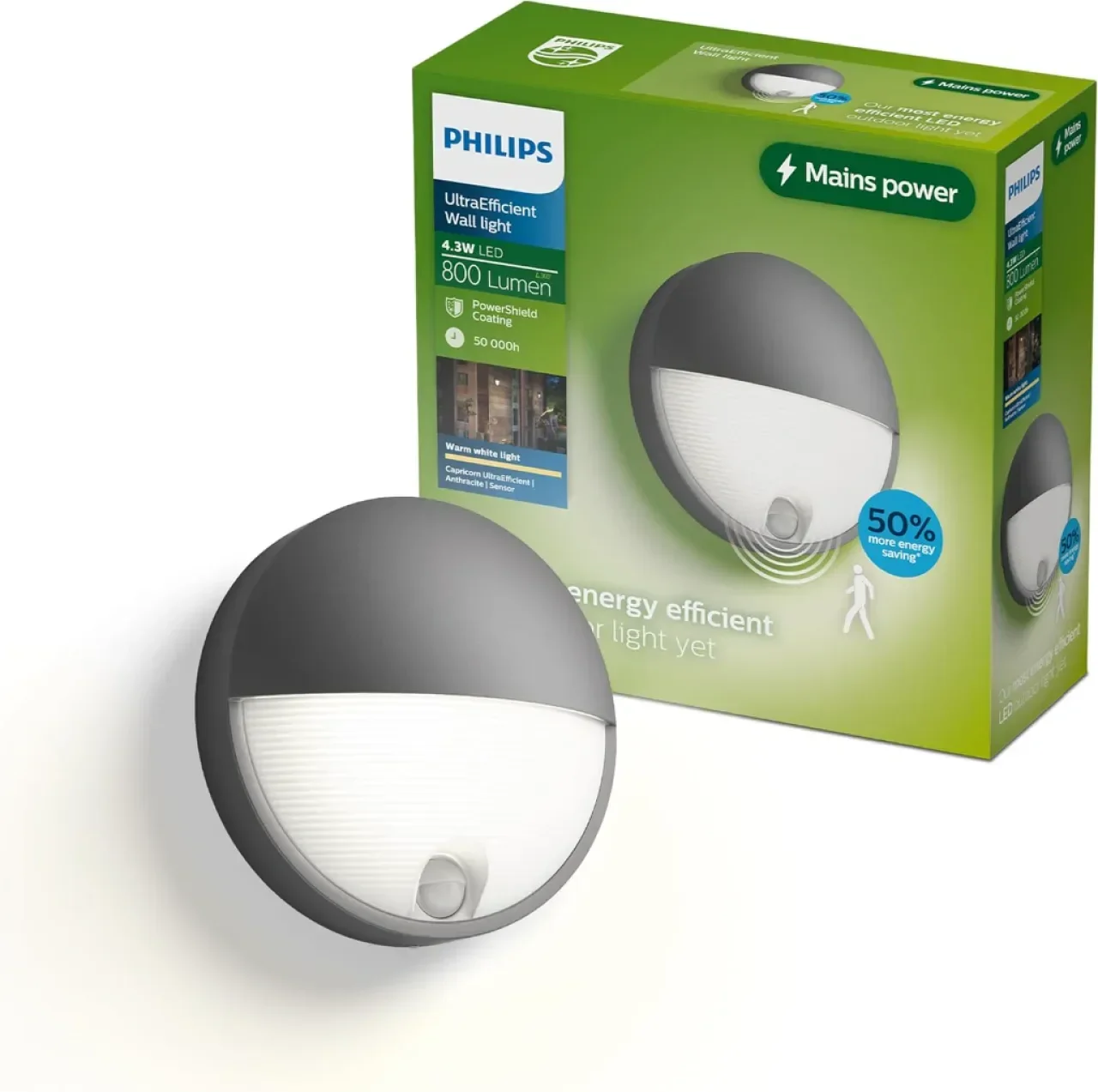 Външна стенна лампа Philips Capricorn IR, 800 lm, 2700 K, PowerShield, IP44, сензор за движение