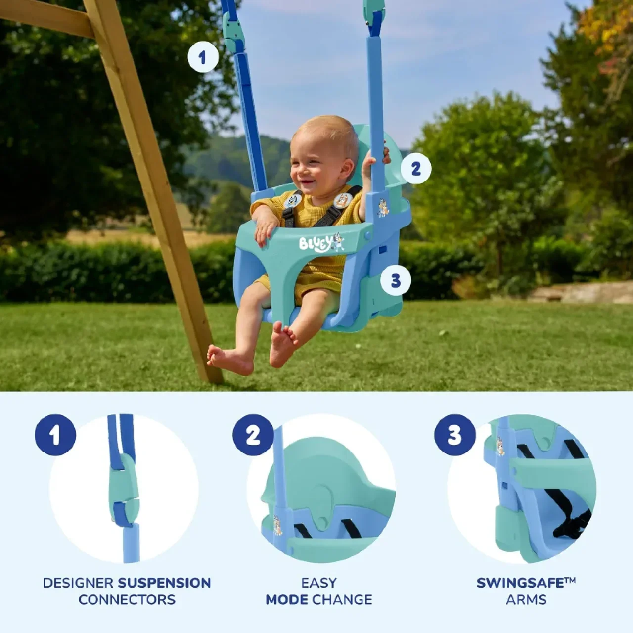 Bluey Quadpod 4-в-1 люлка с регулируеми въжета и предпазен колан, от 6 месеца до 8 години — снимка 3