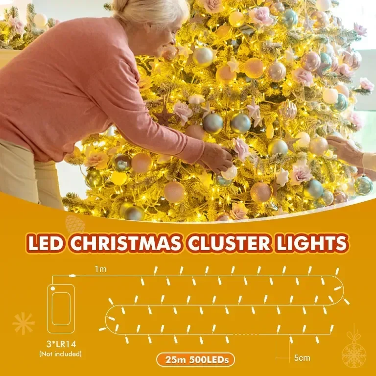GlobaLink Коледни светлини за открито, 25m 500LED, Захранване от батерия с таймер и 8 режима, IP44 — снимка 7