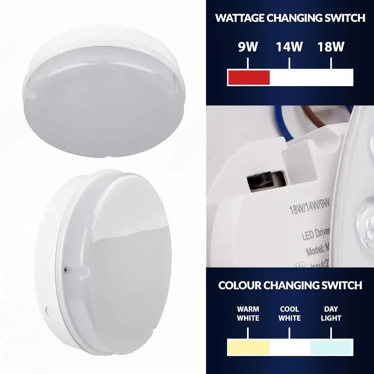 Кръгла LED лампа Bright Source за стена и таван, бяла, превключваща мощност 9W 14W 18W, IP65 — снимка 4