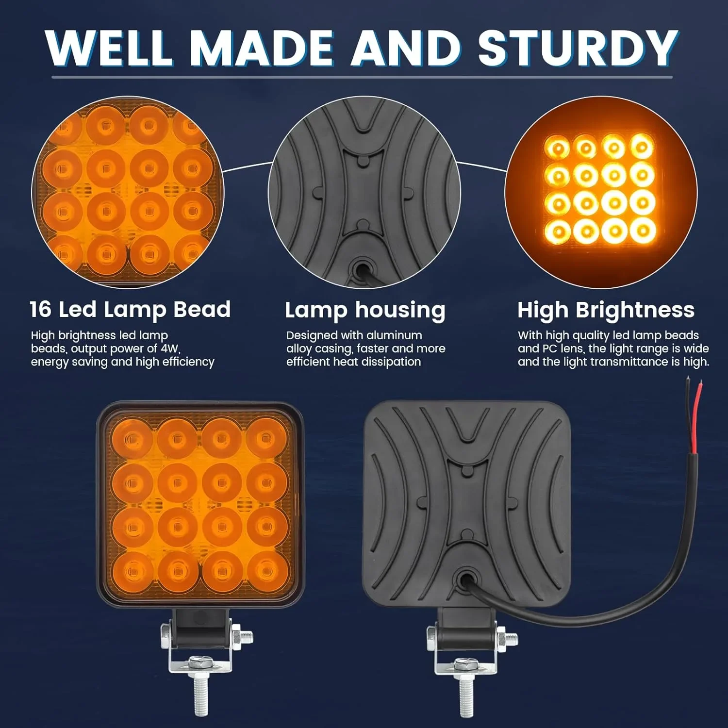 4 броя LED прожектори за автомобил 12V, квадратни фарове 8.5 см, 16 LED, IP67, регулиране до 180° — снимка 3