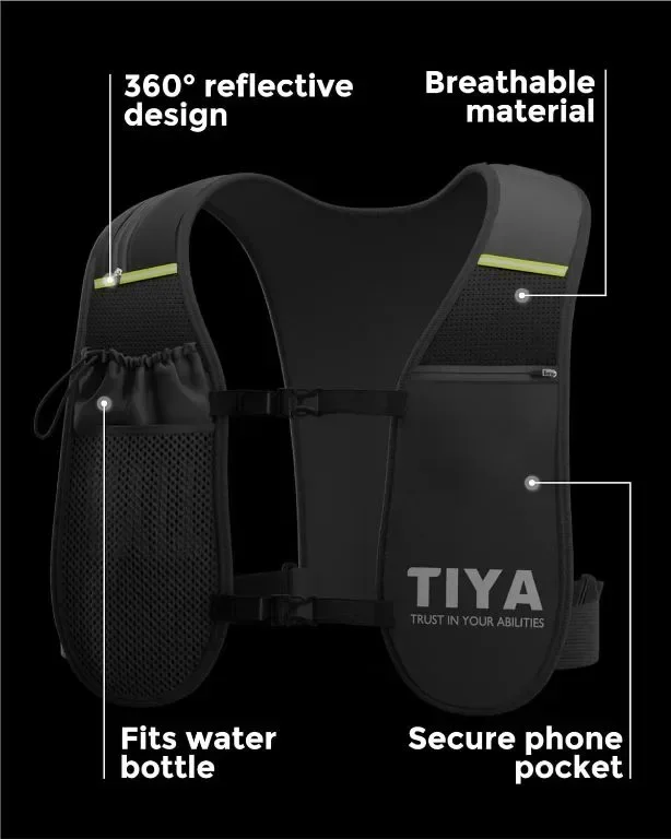 TIYA Running Hydration Vest – отделения за бутилка вода и смартфон – лека, водоустойчива, отразяваща — снимка 4