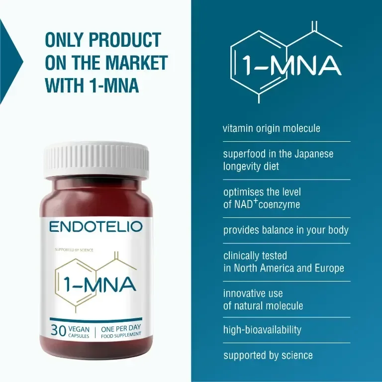 Endotelio 1-MNA, Против стареене, Оптимизираща NAD+ Biohacking добавка, 30 капсули — снимка 2
