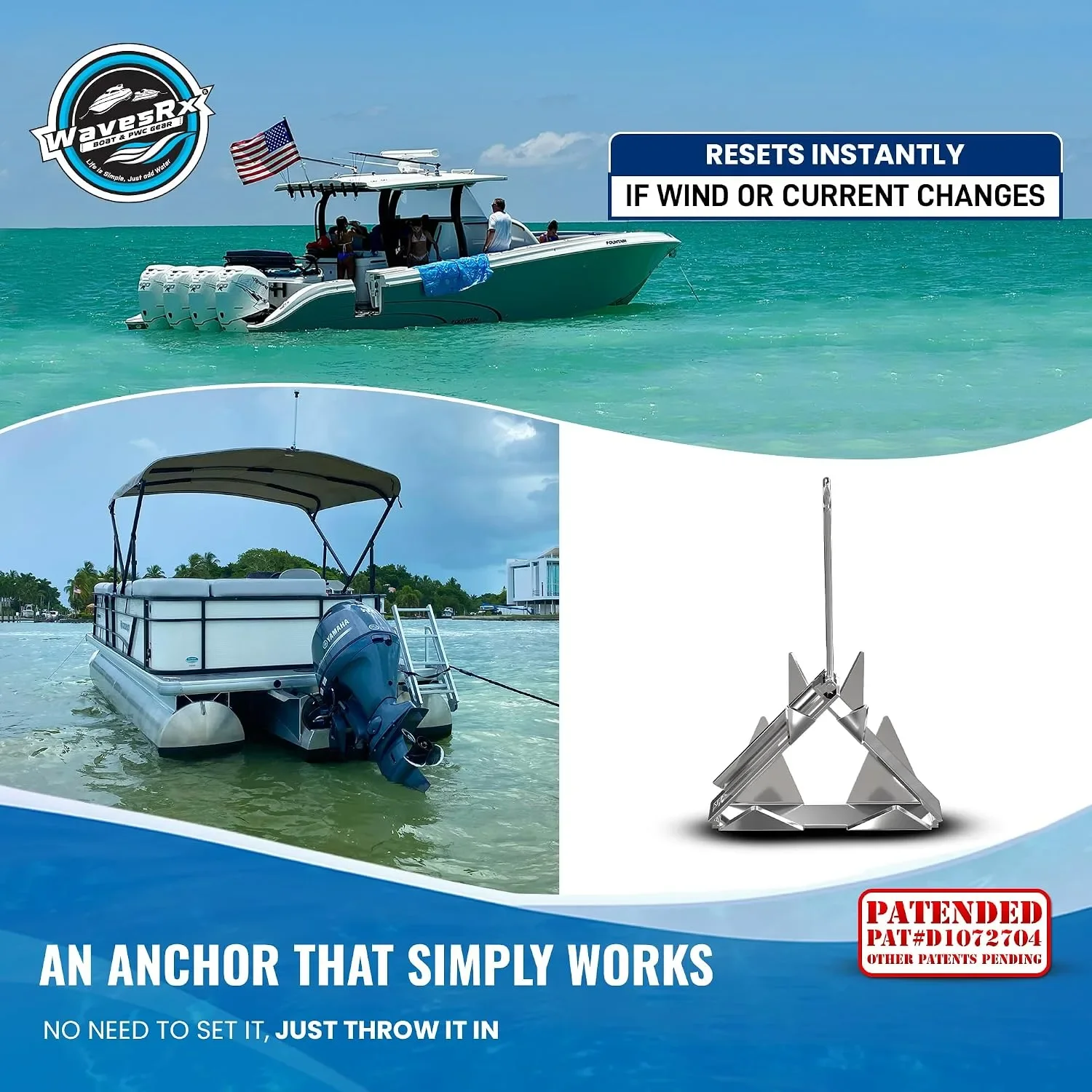WAVESRX TriAnchor Сгъваема котва от неръждаема стомана за лодка, джет или катер, 12 lb — снимка 3