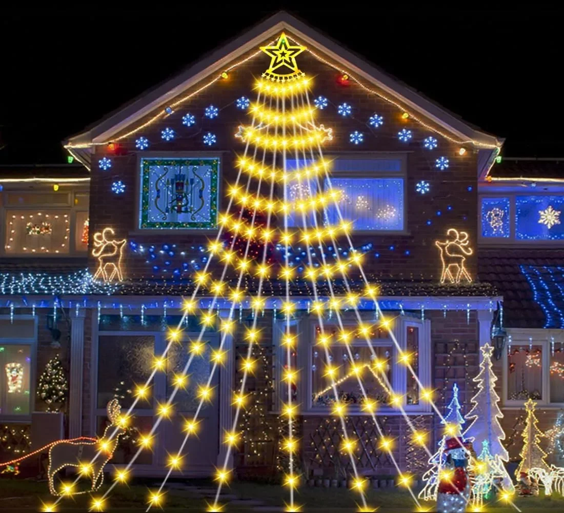 LED водопадни светлини за Коледа – падащи гирлянди за елха, 5 м, 350 LED, 8 режима, топло бяло — снимка 6