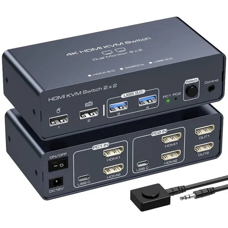 VEDINDUST KVM суич 2 монитора 2 компютъра 4K60HZ HDMI, 4 USB, настолен контролер