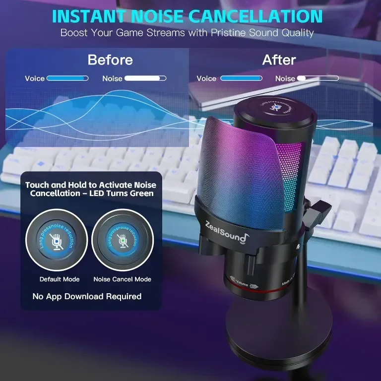 USB микрофон за игри ZealSound, кондензаторен микрофон с шумопотискане, с RGB светлина — снимка 2