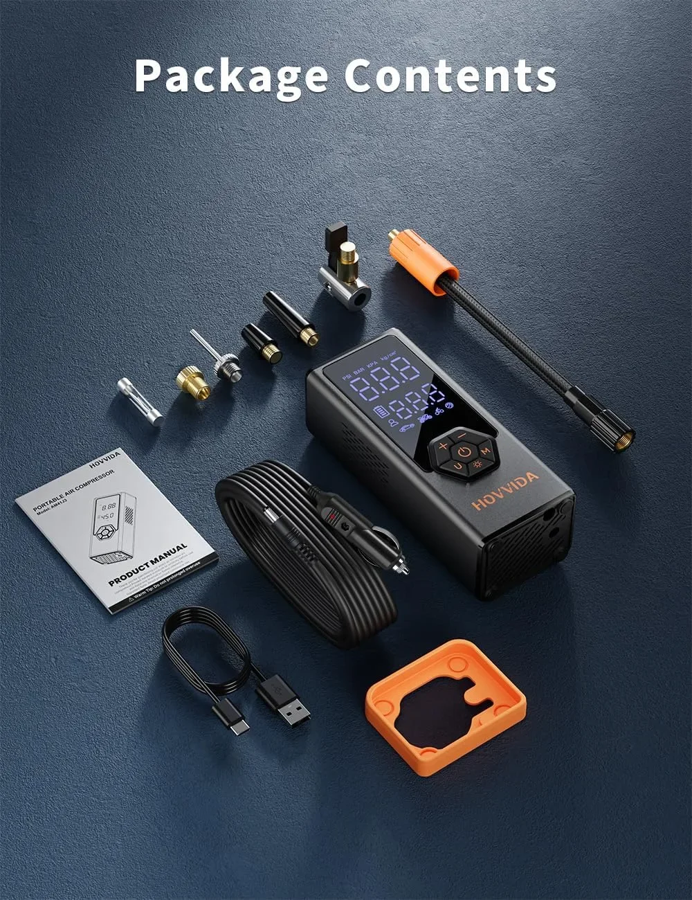 Преносим въздушен компресор за гуми HOVVIDA, 7800 mAh, 12V DC, до 150 PSI, 40 л/мин — снимка 10