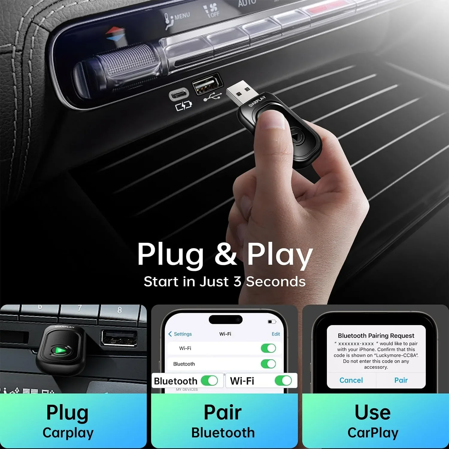 Wi‑Fi/Bluetooth CarPlay адаптер (wireless), SAРPLAY – Plug & Play — снимка 5
