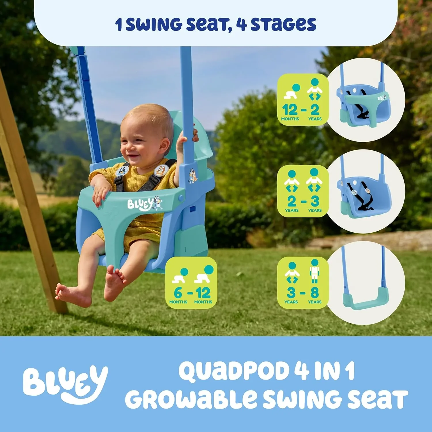 Bluey Quadpod 4-в-1 люлка със сменяеми режими и предпазен колан (6 месеца–8 години) — снимка 2